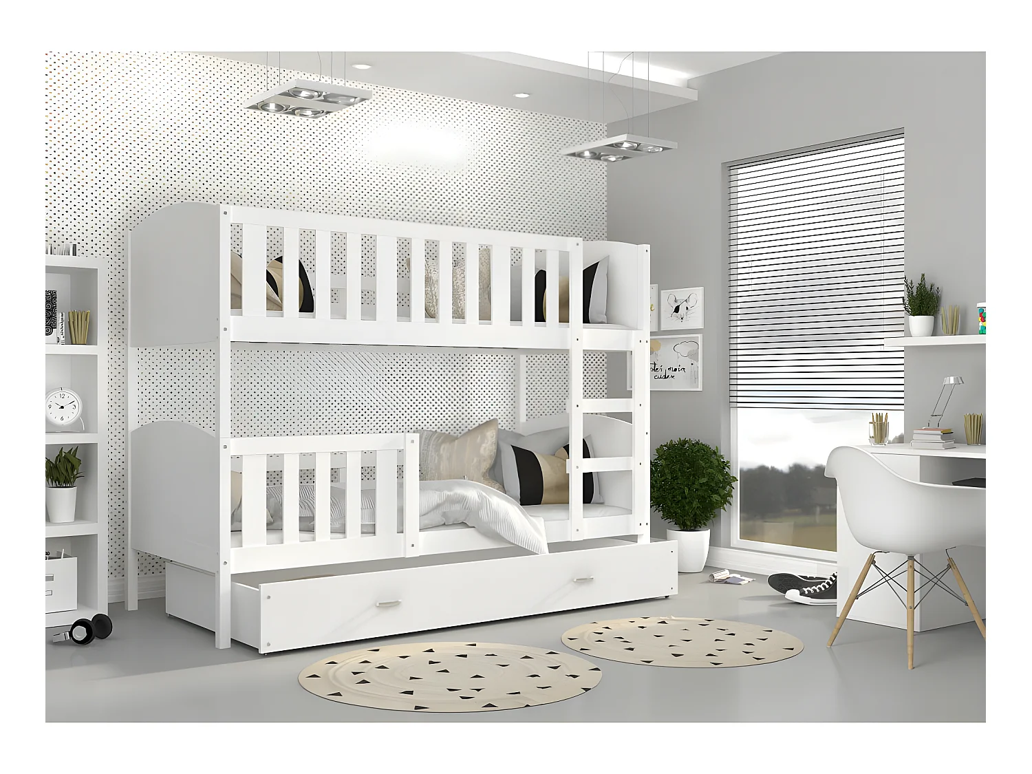 Lit Superposé Tomy 80x160  Blanc - blanc Livré avec sommiers, tiroir et matelas en mousse de 7cm