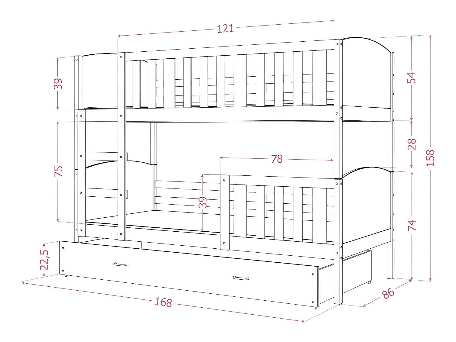 Lit Superposé Tomy 80x160  Blanc - blanc Livré avec sommiers, tiroir et matelas en mousse de 7cm
