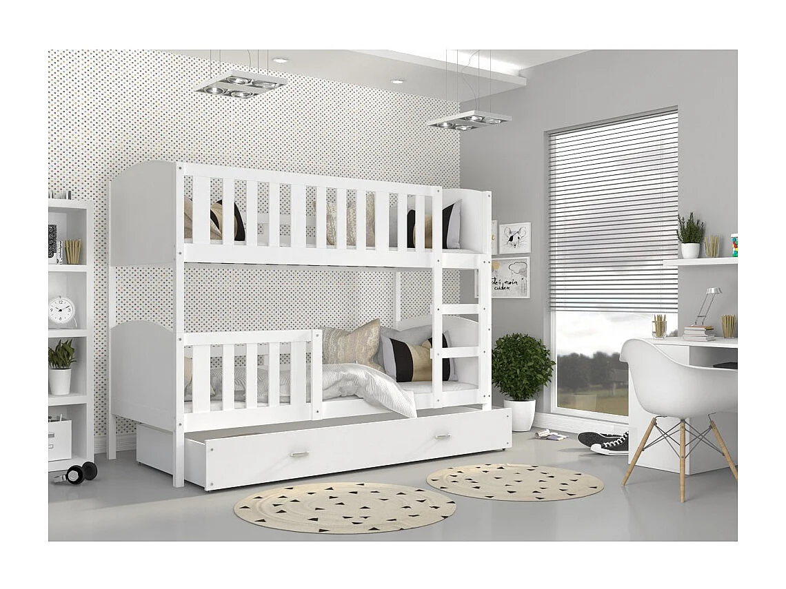 Lit superposé enfant 80 x 160 cm Tomy - Matelas et Tiroir inclus - Certifié Oeko-Tex® - Blanc - blanc