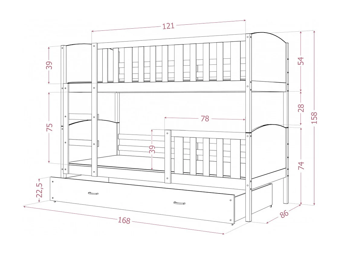 Lit superposé enfant 80 x 160 cm Tomy - Matelas et Tiroir inclus - Certifié Oeko-Tex® - Blanc - blanc