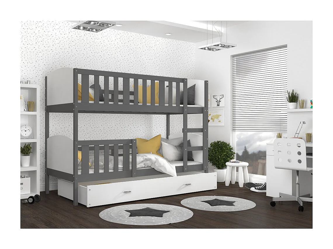 Lit superposé enfant 80 x 160 cm Tomy - Matelas et Tiroir inclus - Certifié Oeko-Tex® - Blanc - blanc