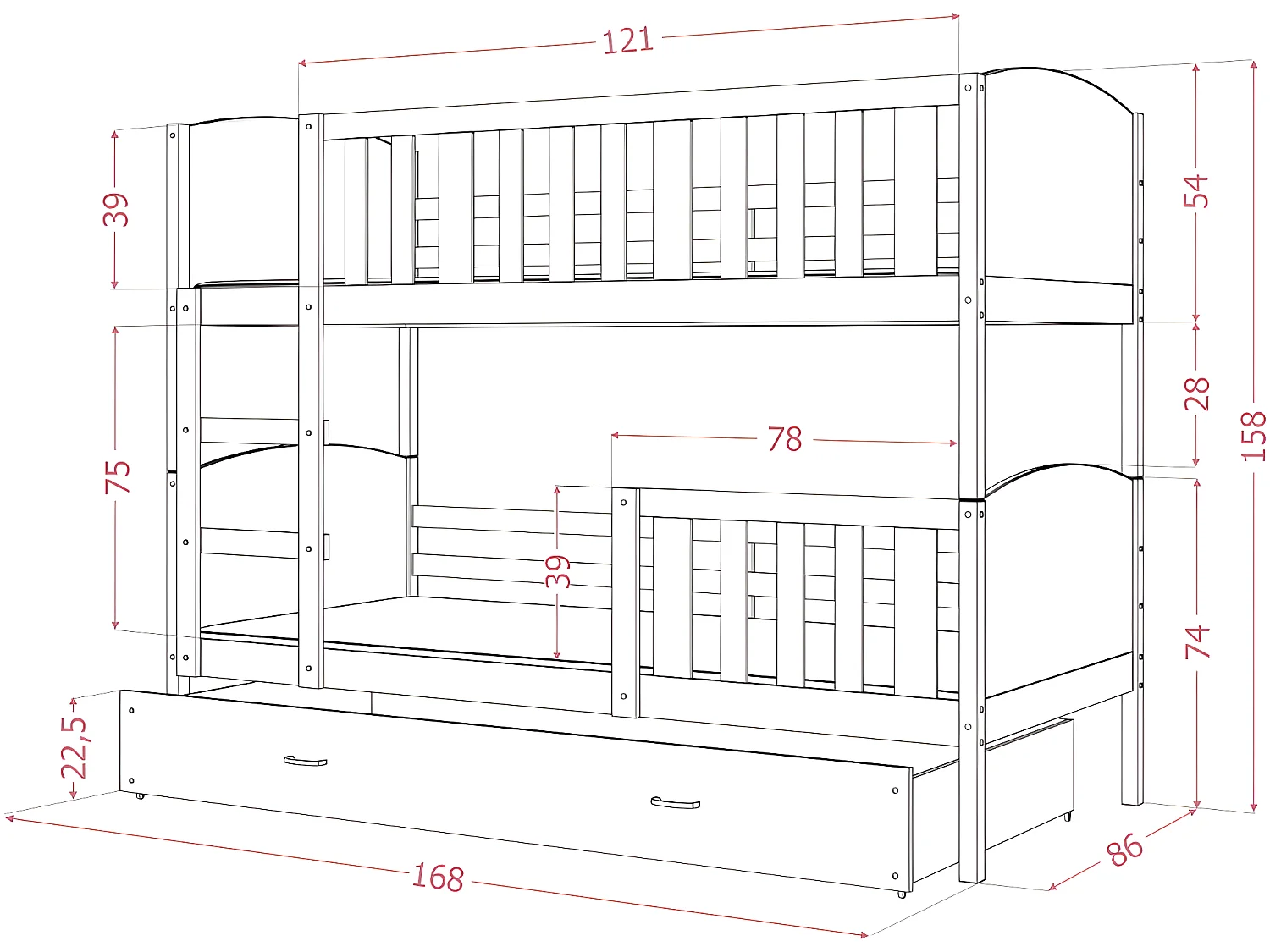 Lit Superposé Tomy 80x160  Blanc - blanc Livré avec sommiers, tiroir et matelas en mousse de 7cm
