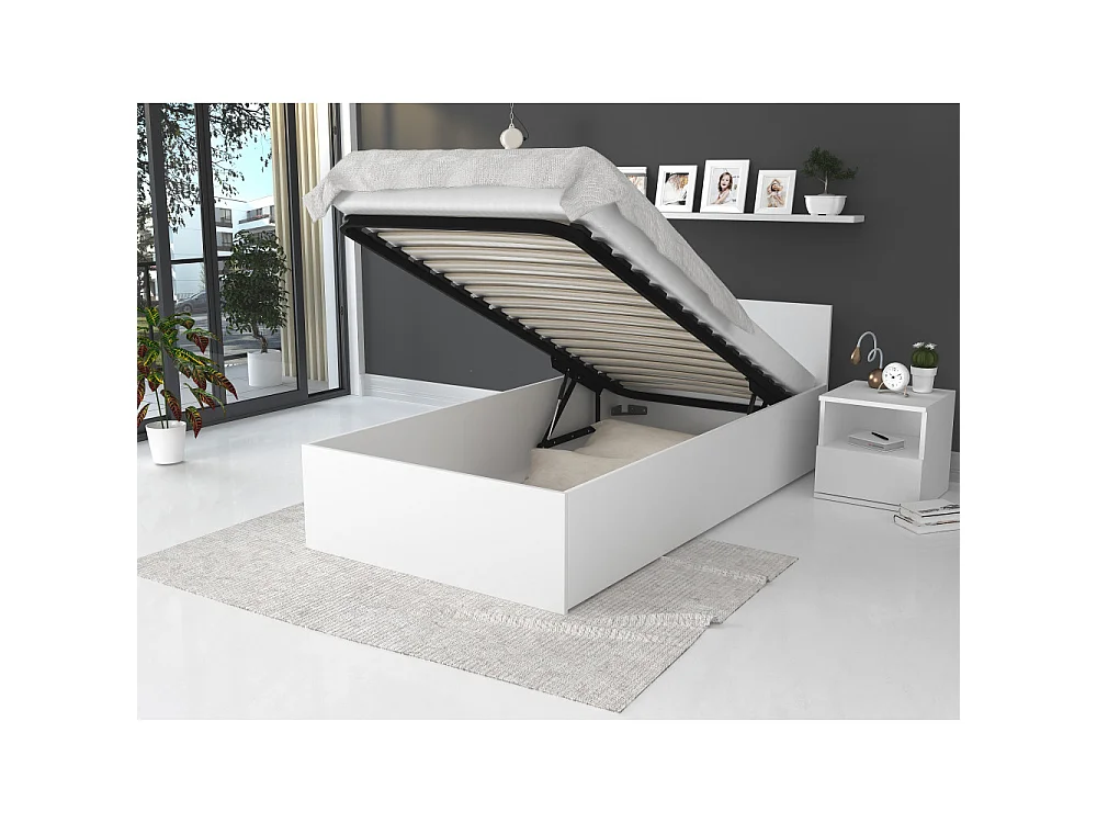 Lit coffre 90 x 190 cm Panama - Coffre de 470 Litres - Sommier inclus - Blanc