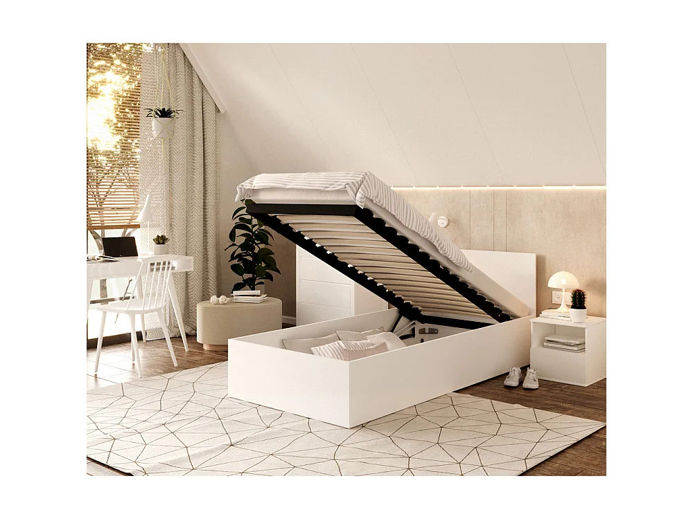 Lit coffre 90 x 190 cm Panama - Coffre de 470 Litres - Sommier inclus - Blanc