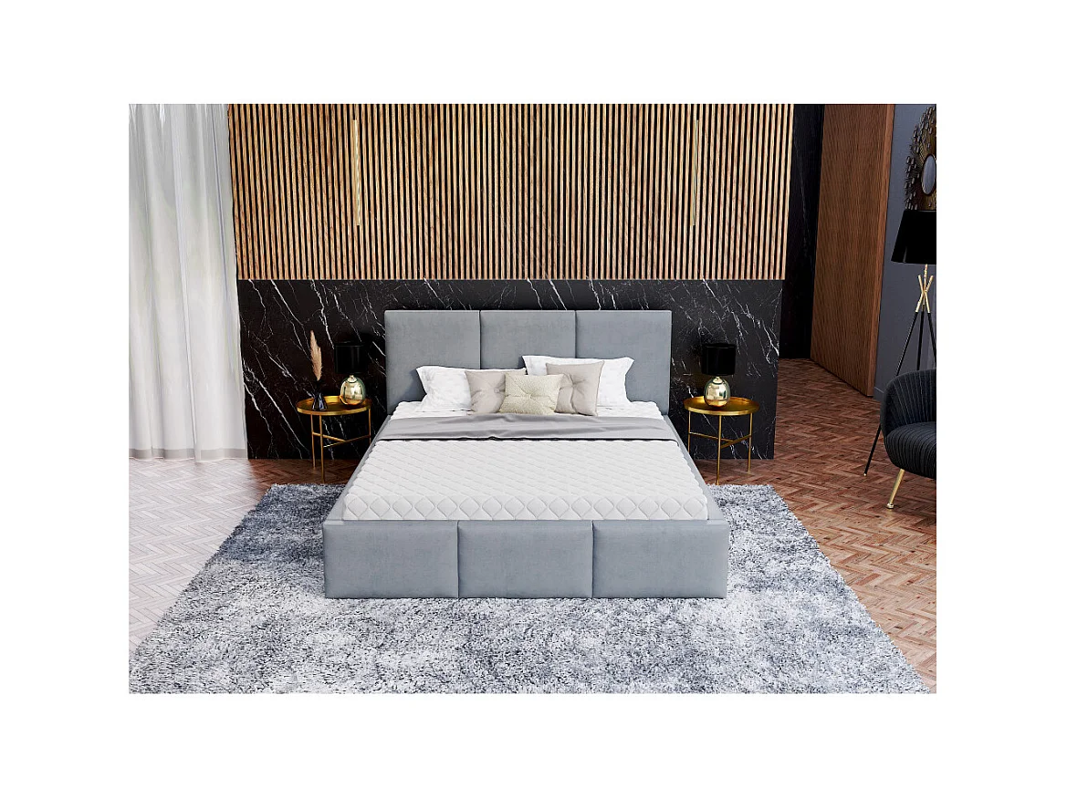 Lit Double Tesia 160x200 + coffre - Sommier inclus Gris clair