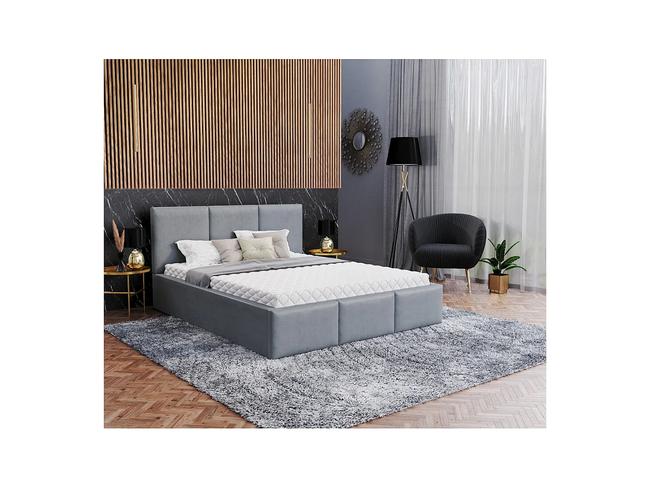 Lit Double Tesia 160x200 + coffre - Sommier inclus Gris clair