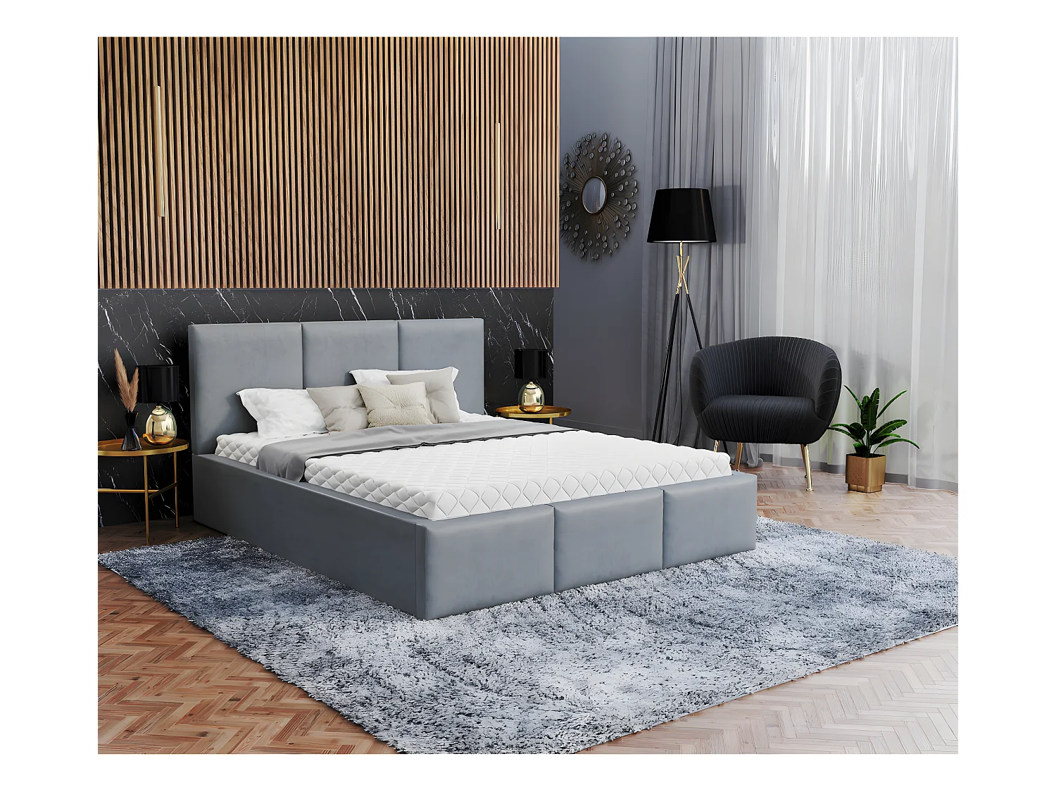 Lit Double Tesia 160x200 + coffre - Sommier inclus Gris clair