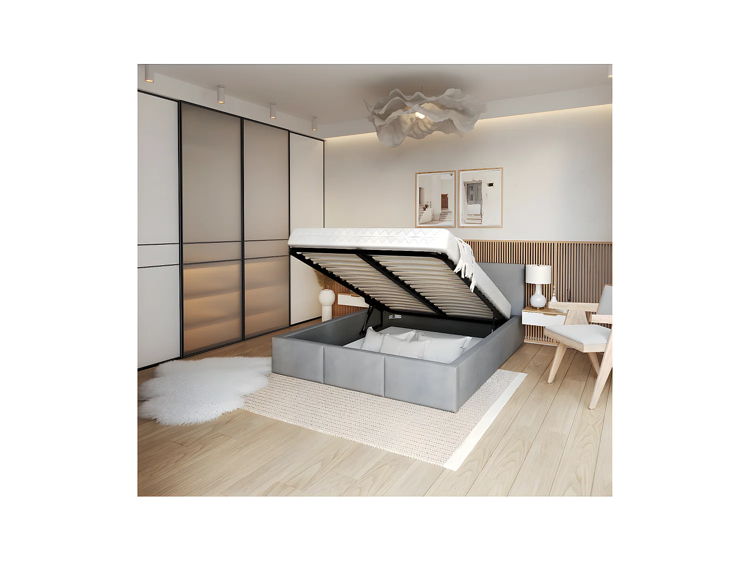 Lit Double Tesia 140x190 + Coffre - Sommier inclus Gris clair