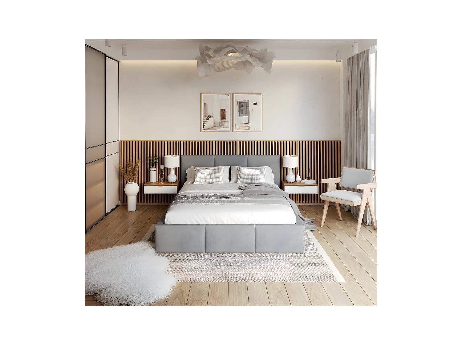 Lit Double Tesia 140x190 + Coffre - Sommier inclus Gris clair