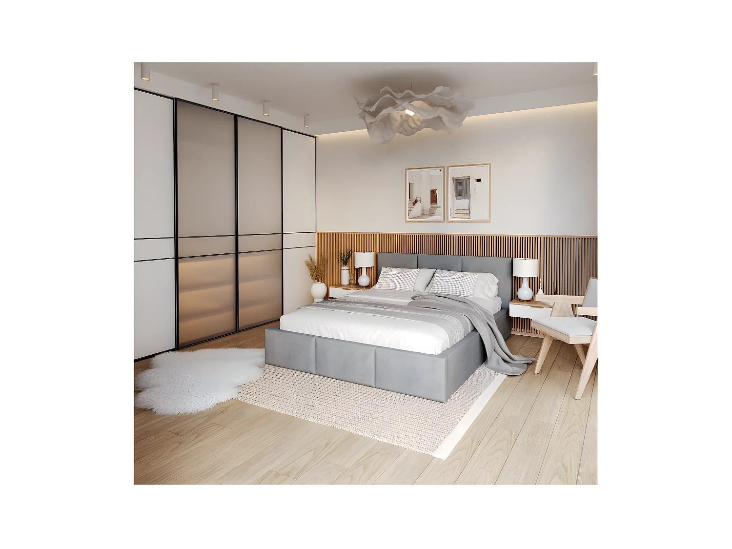 Lit Double Tesia 140x190 + Coffre - Sommier inclus Gris clair