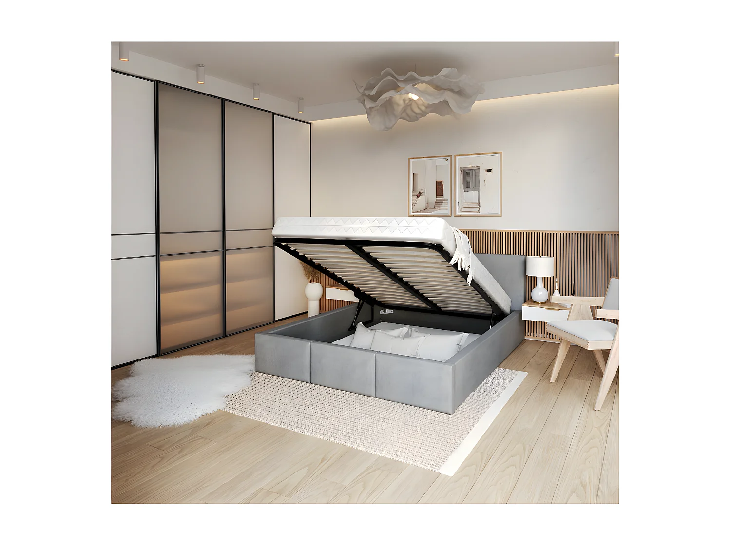 Lit Double Tesia 140x190 + Coffre - Sommier inclus Gris clair