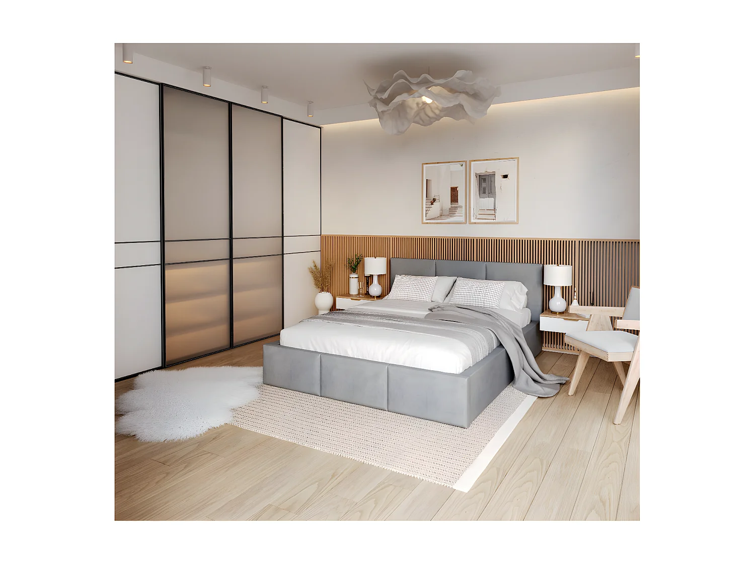 Lit Double Tesia 140x190 + Coffre - Sommier inclus Gris clair