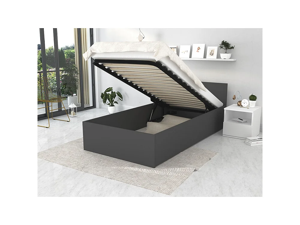 Lit coffre 90 x 190 cm Panama - Coffre de 470 Litres - Sommier inclus - Gris
