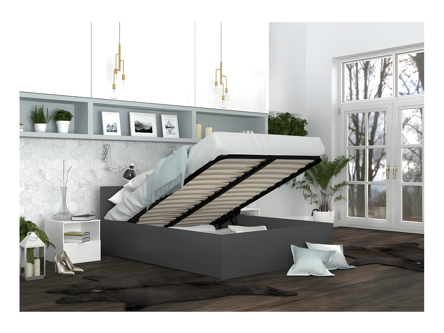 Lit coffre Panama 160x200 - Sommier inclus Gris