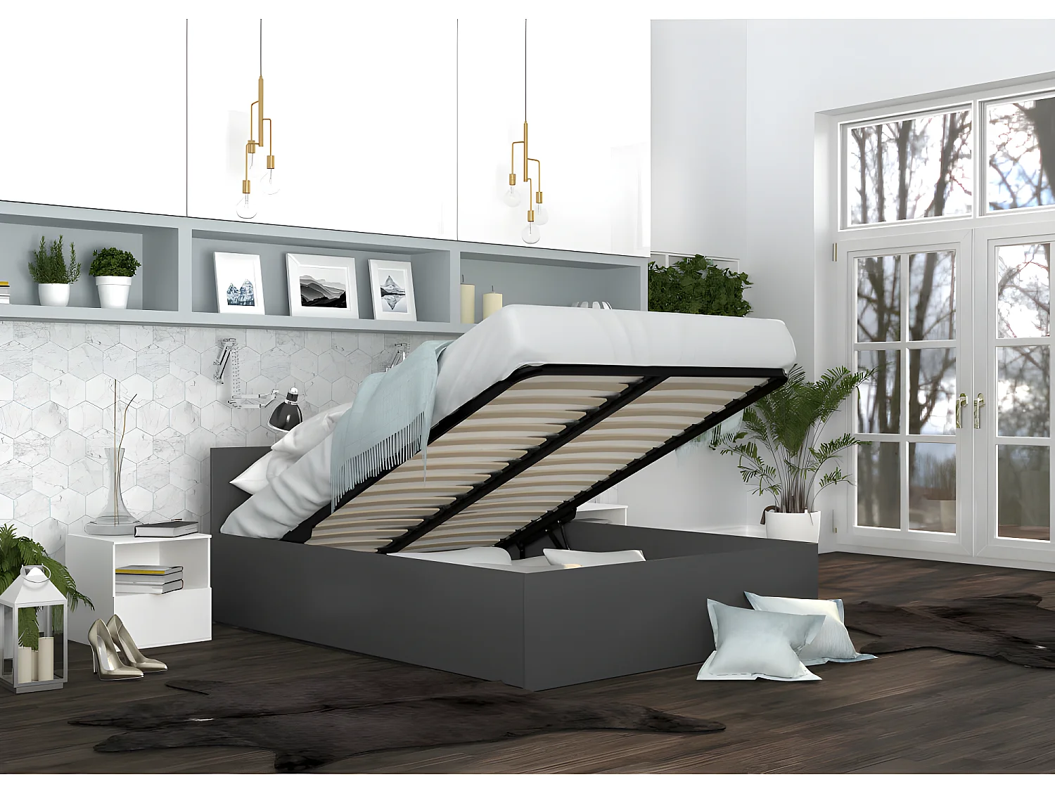 Lit coffre Panama 160x200 - Sommier inclus Gris