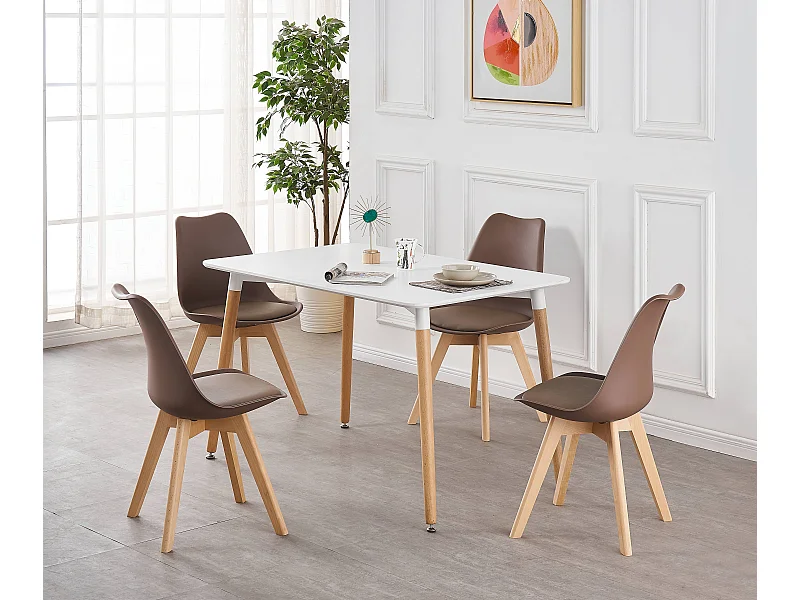 LORENZO HALO - Ensemble Salle à Manger Moderne - Table Blanche + 4 Chaises Marron - Design Scandinave