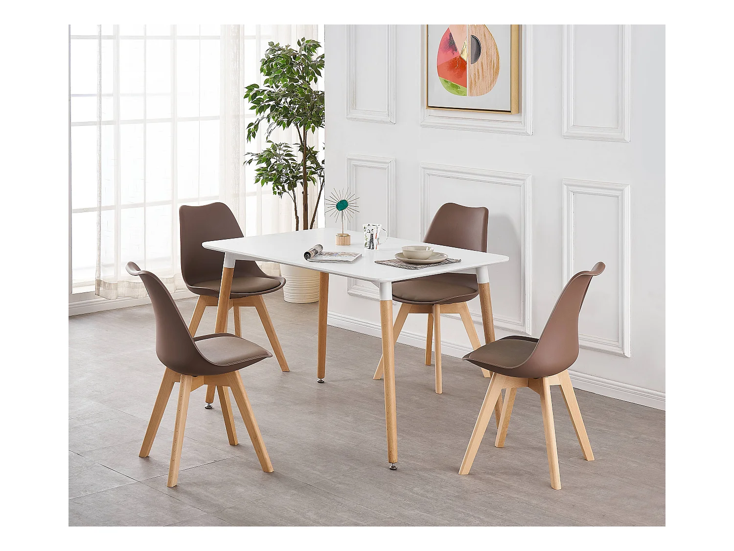 LORENZO HALO - Ensemble Salle à Manger Moderne - Table Blanche + 4 Chaises Marron - Design Scandinave