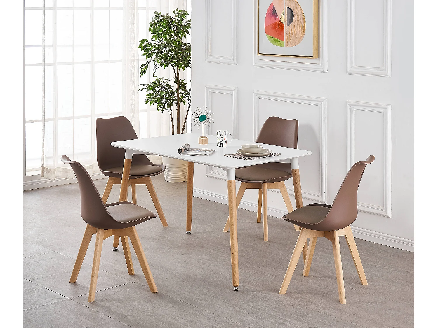 LORENZO HALO - Ensemble Salle à Manger Moderne - Table Blanche + 4 Chaises Marron - Design Scandinave
