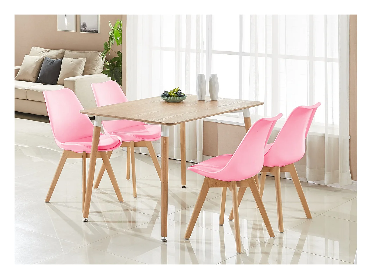 LORENZO HALO - Ensemble Salle à Manger Moderne - Table Effet Chêne + 4 Chaises Roses - Design Scandinave