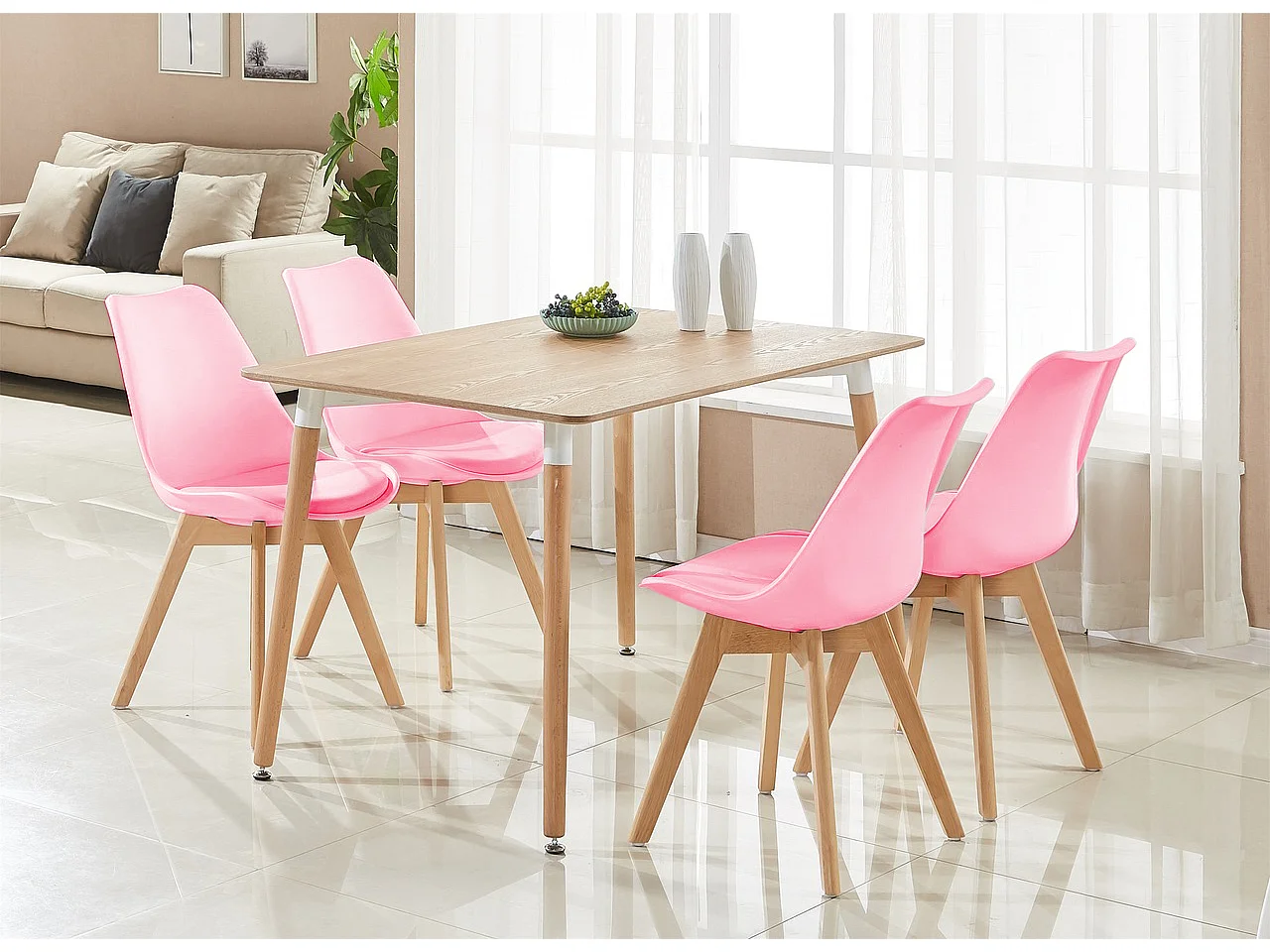 LORENZO HALO - Ensemble Salle à Manger Moderne - Table Effet Chêne + 4 Chaises Roses - Design Scandinave