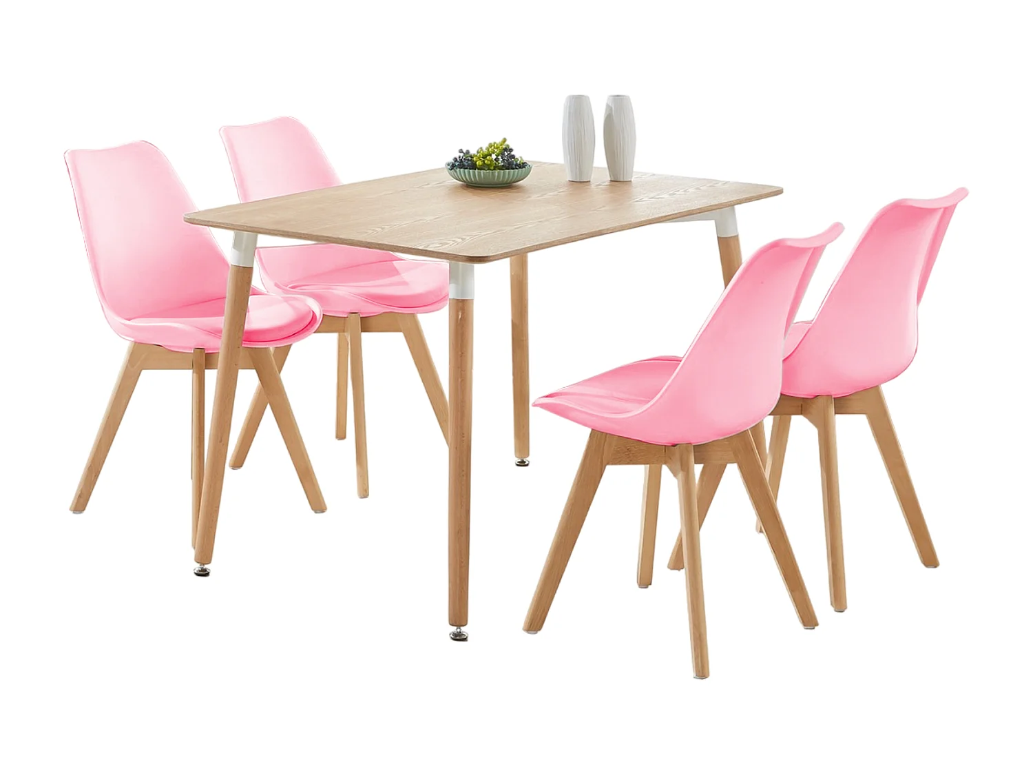 LORENZO HALO - Ensemble Salle à Manger Moderne - Table Effet Chêne + 4 Chaises Roses - Design Scandinave
