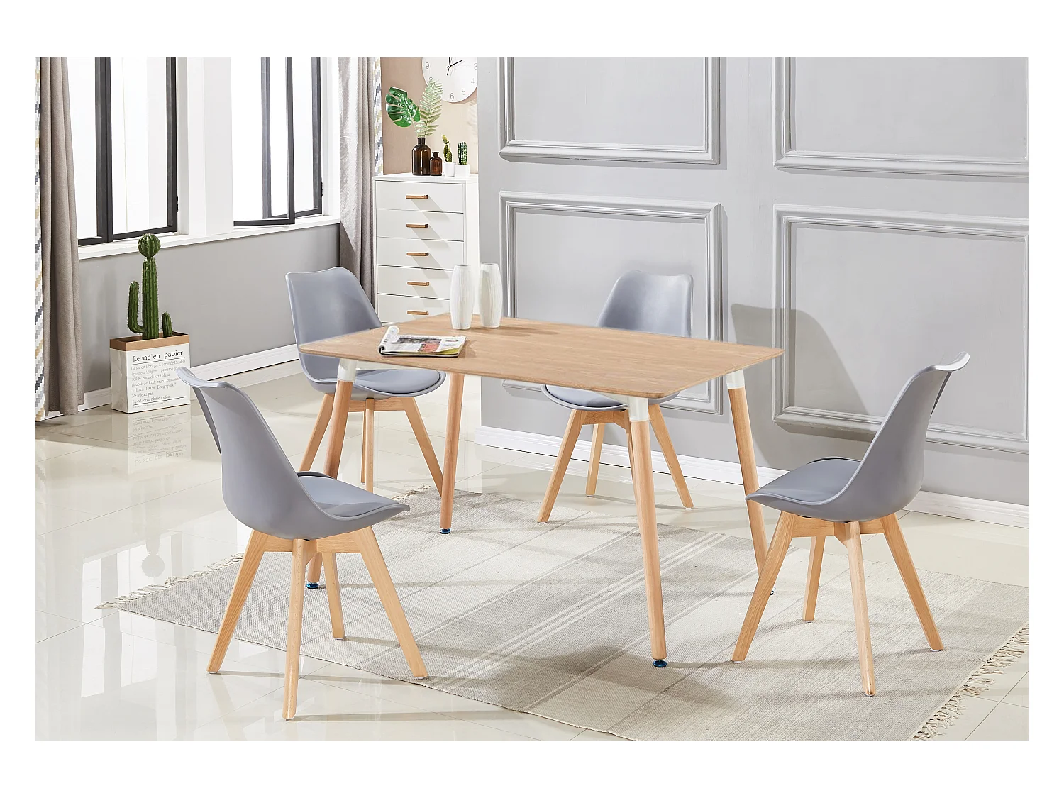 LORENZO HALO - Ensemble Salle à Manger Moderne - Table Effet Chêne + 4 Chaises Grises - Design Scandinave