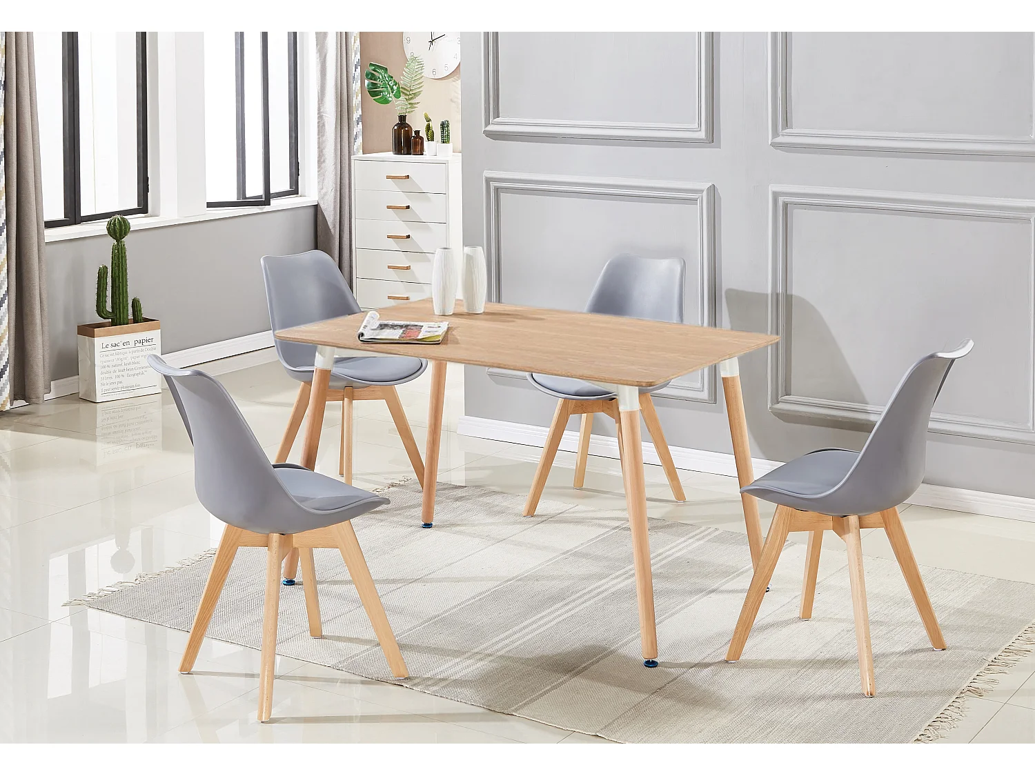 LORENZO HALO - Ensemble Salle à Manger Moderne - Table Effet Chêne + 4 Chaises Grises - Design Scandinave