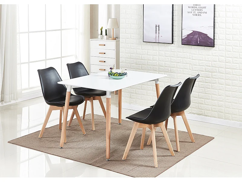 LORENZO HALO - Ensemble Salle à Manger Moderne - Table Blanche + 4 Chaises Noires - Design Scandinave