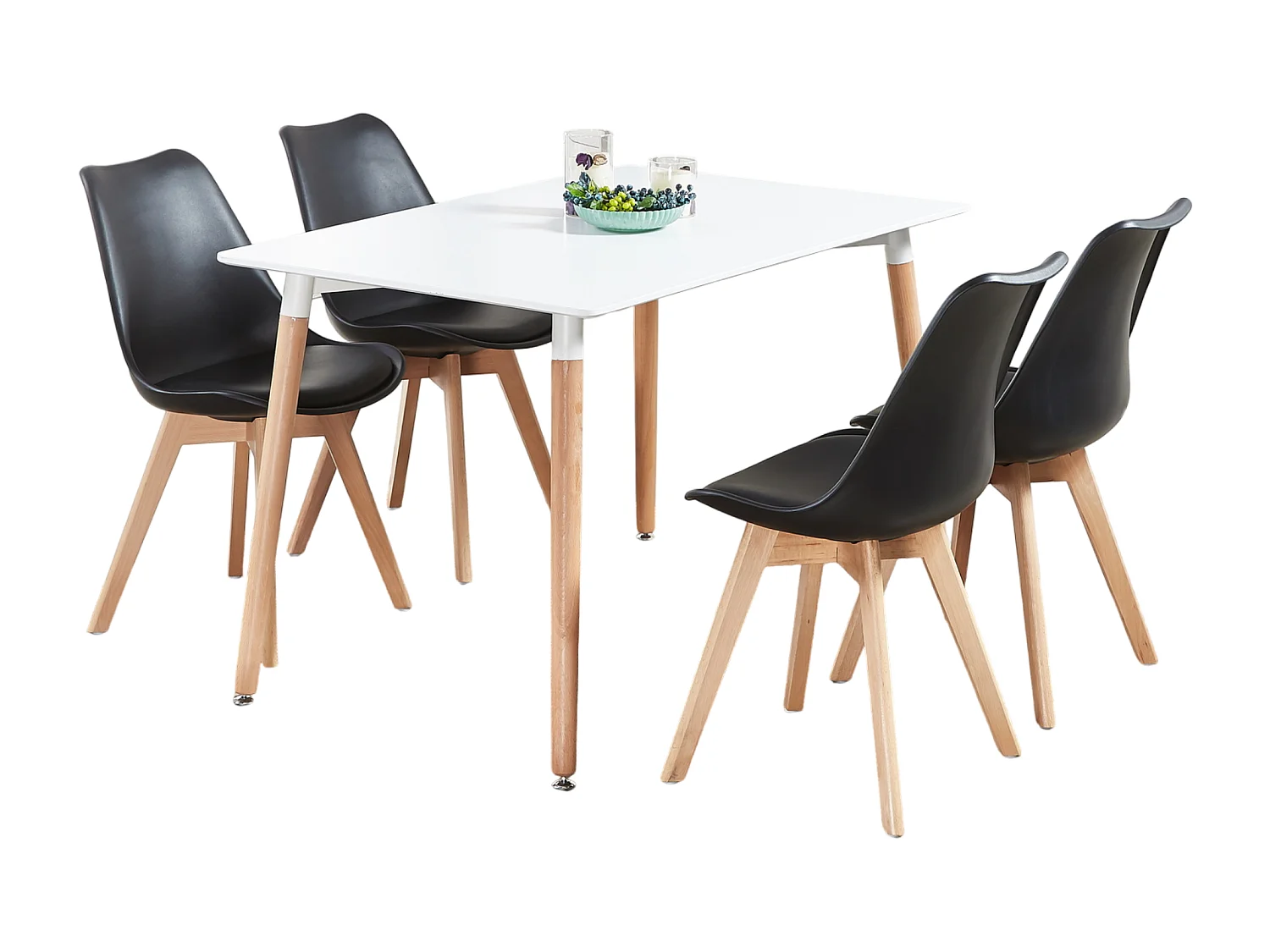 LORENZO HALO - Ensemble Salle à Manger Moderne - Table Blanche + 4 Chaises Noires - Design Scandinave