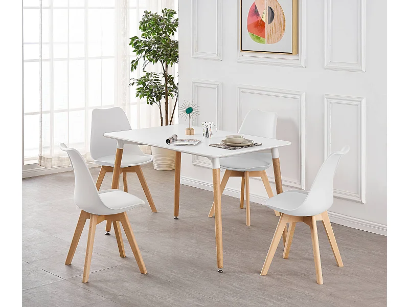 LORENZO HALO - Ensemble Salle à Manger Moderne - Table Blanche + 4 Chaises Blanches - Design Scandinave