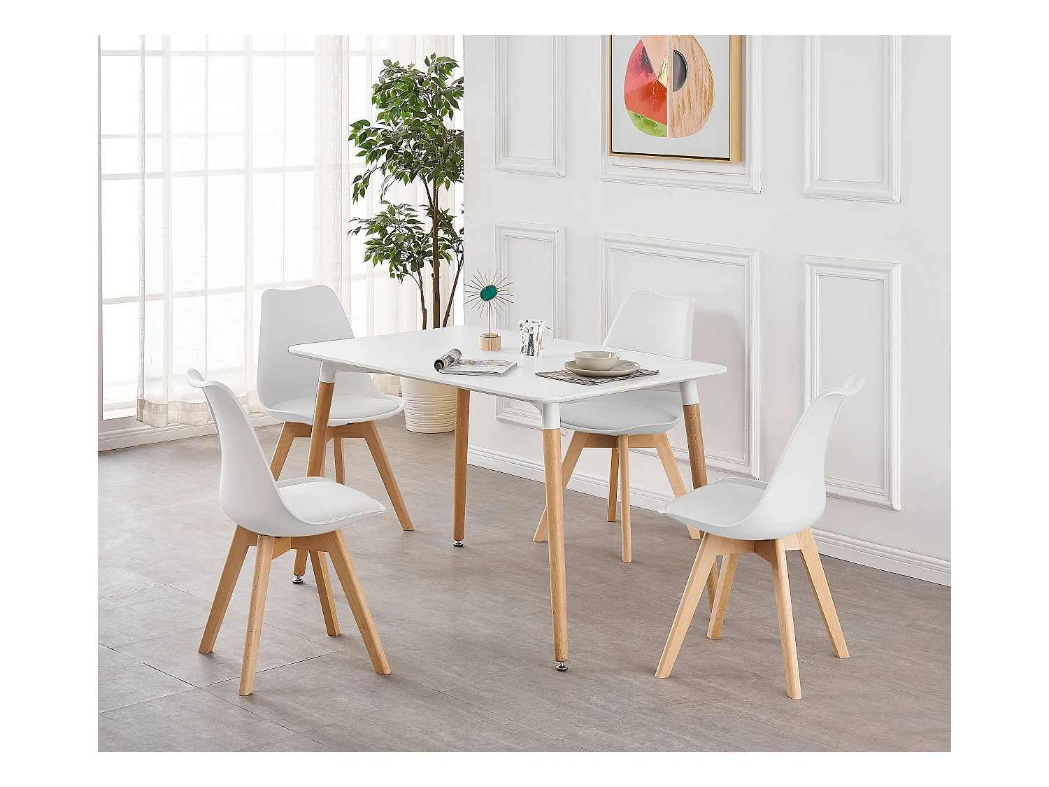 LORENZO HALO - Ensemble Salle à Manger Moderne - Table Blanche + 4 Chaises Blanches - Design Scandinave