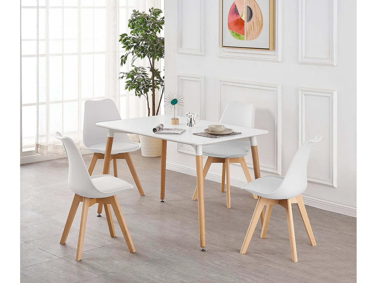 LORENZO HALO - Ensemble Salle à Manger Moderne - Table Blanche + 4 Chaises Blanches - Design Scandinave