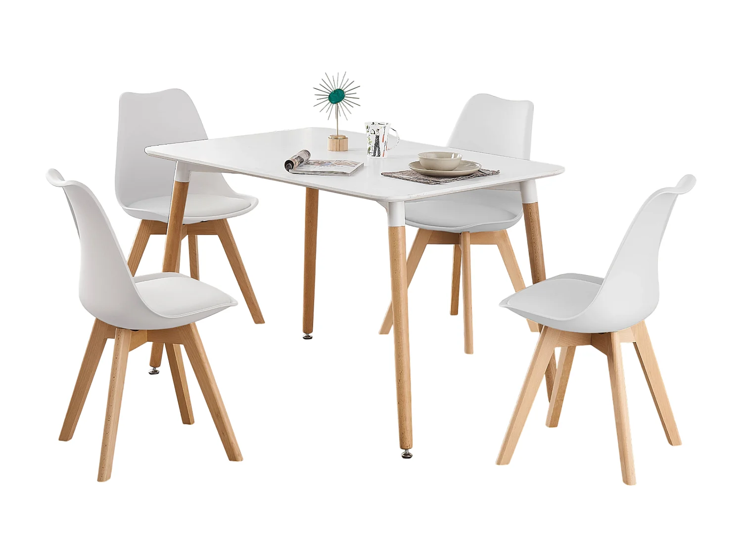 LORENZO HALO - Ensemble Salle à Manger Moderne - Table Blanche + 4 Chaises Blanches - Design Scandinave