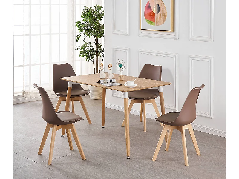 LORENZO HALO - Ensemble Salle à Manger Moderne - Table Effet Chêne + 4 Chaises Marron - Design Scandinave