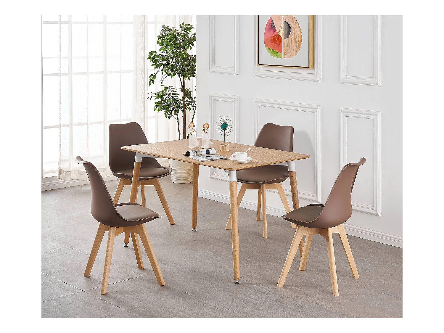 LORENZO HALO - Ensemble Salle à Manger Moderne - Table Effet Chêne + 4 Chaises Marron - Design Scandinave