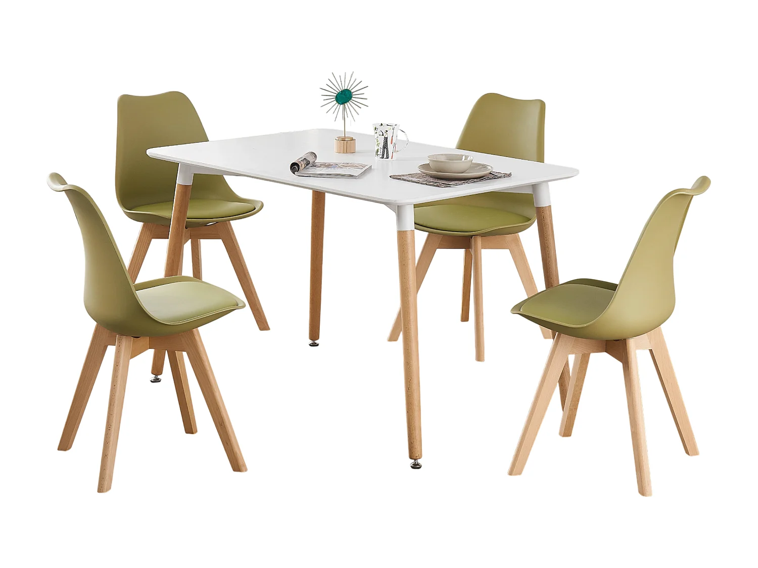 LORENZO HALO - Ensemble Salle à Manger Moderne - Table Blanche + 4 Chaises Vertes - Design Scandinave