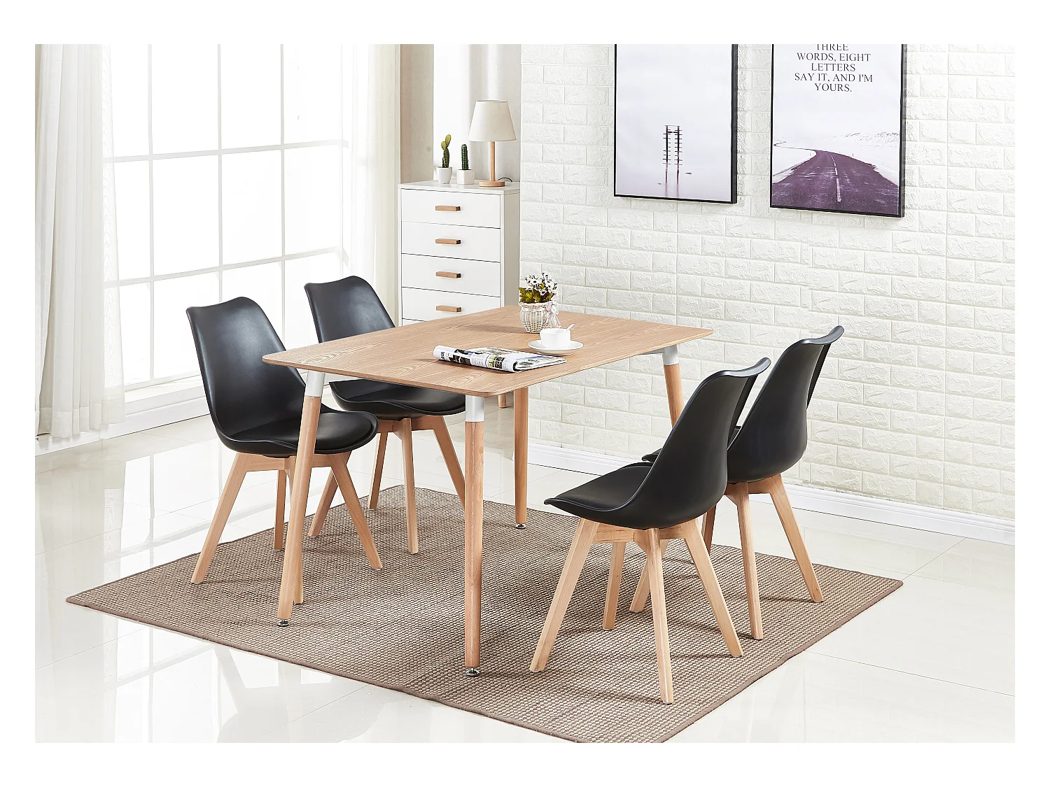 LORENZO HALO - Ensemble Salle à Manger Moderne - Table Effet Chêne + 4 Chaises Noires - Design Scandinave