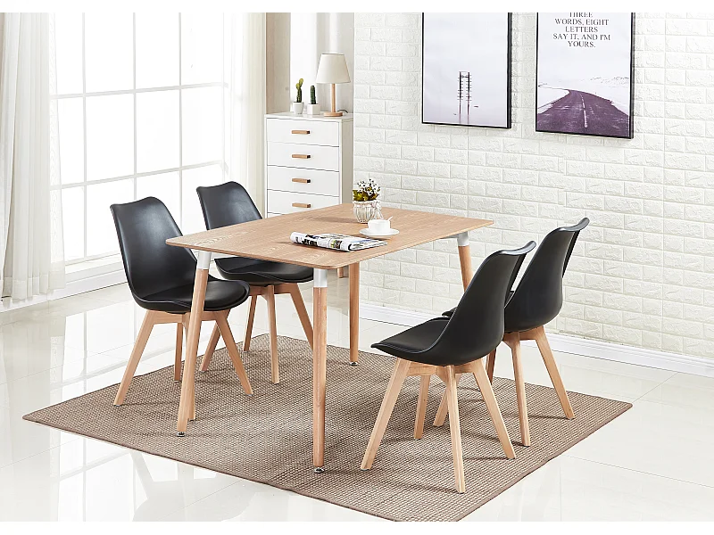 LORENZO HALO - Ensemble Salle à Manger Moderne - Table Effet Chêne + 4 Chaises Noires - Design Scandinave