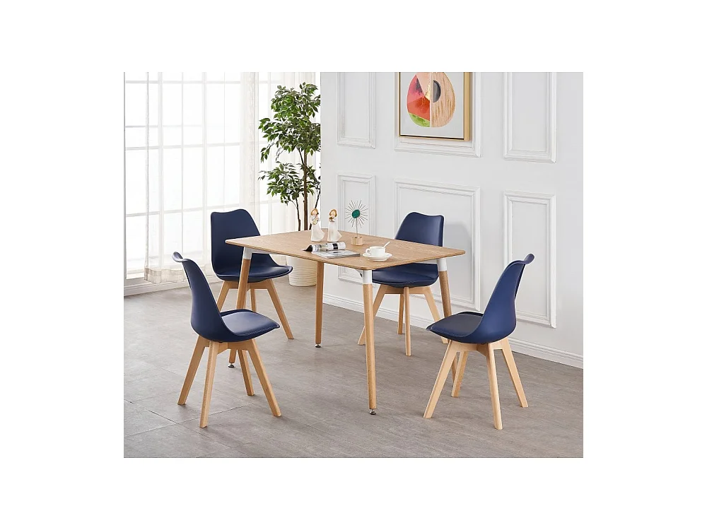 LORENZO HALO - Ensemble Salle à Manger Moderne - Table Effet Chêne + 4 Chaises Bleues - Design Scandinave