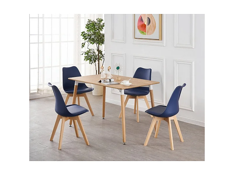 LORENZO HALO - Ensemble Salle à Manger Moderne - Table Effet Chêne + 4 Chaises Bleues - Design Scandinave