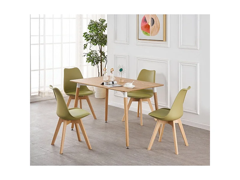 LORENZO HALO - Ensemble Salle à Manger Moderne - Table Effet Chêne + 4 Chaises Vertes - Design Scandinave