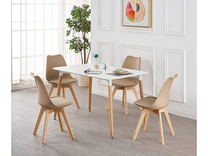 LORENZO HALO - Ensemble Salle à Manger Moderne - Table Blanche + 4 Chaises Beiges - Design Scandinave