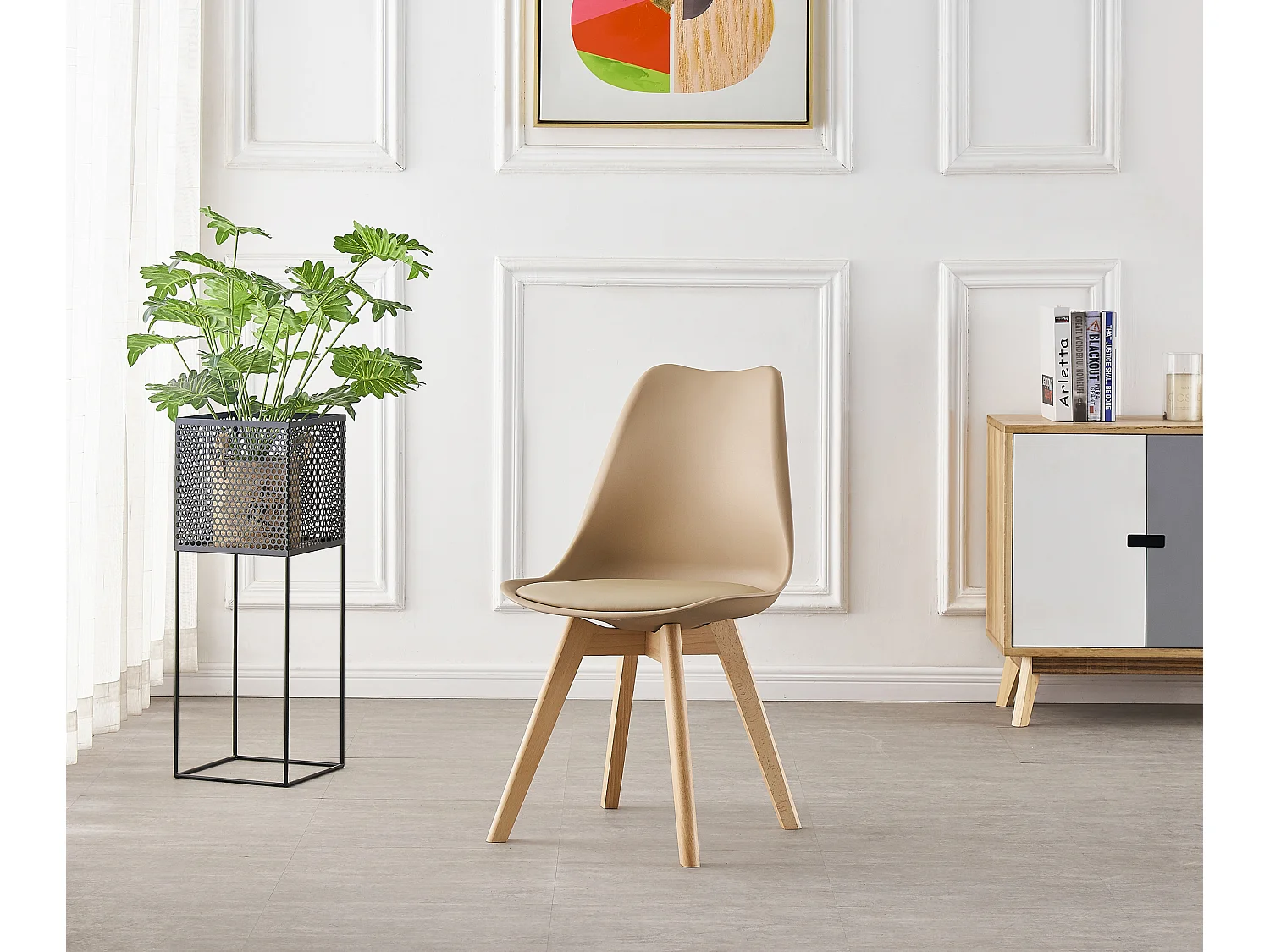 LORENZO HALO - Ensemble Salle à Manger Moderne - Table Blanche + 4 Chaises Beiges - Design Scandinave