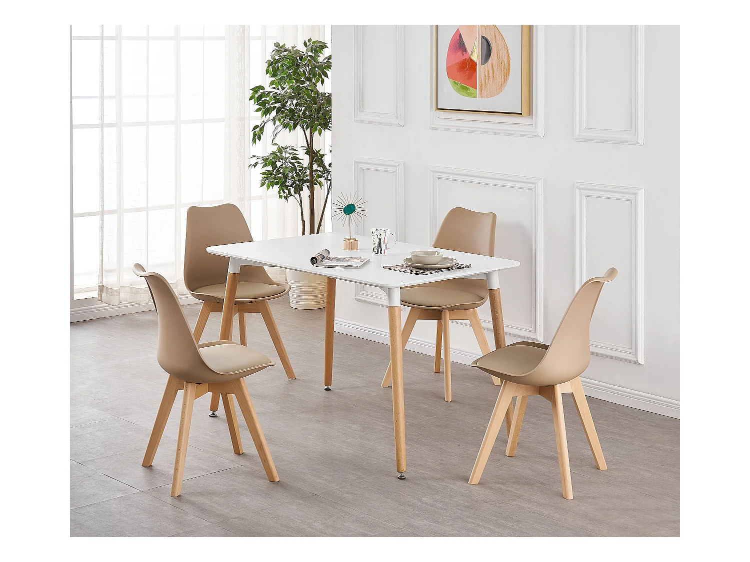 LORENZO HALO - Ensemble Salle à Manger Moderne - Table Blanche + 4 Chaises Beiges - Design Scandinave