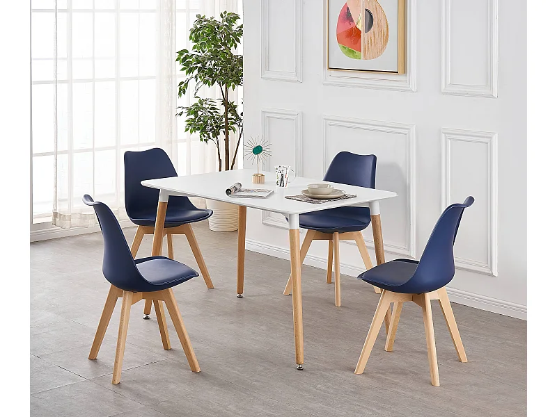 LORENZO HALO - Ensemble Salle à Manger Moderne - Table Blanche + 4 Chaises Bleues - Design Scandinave