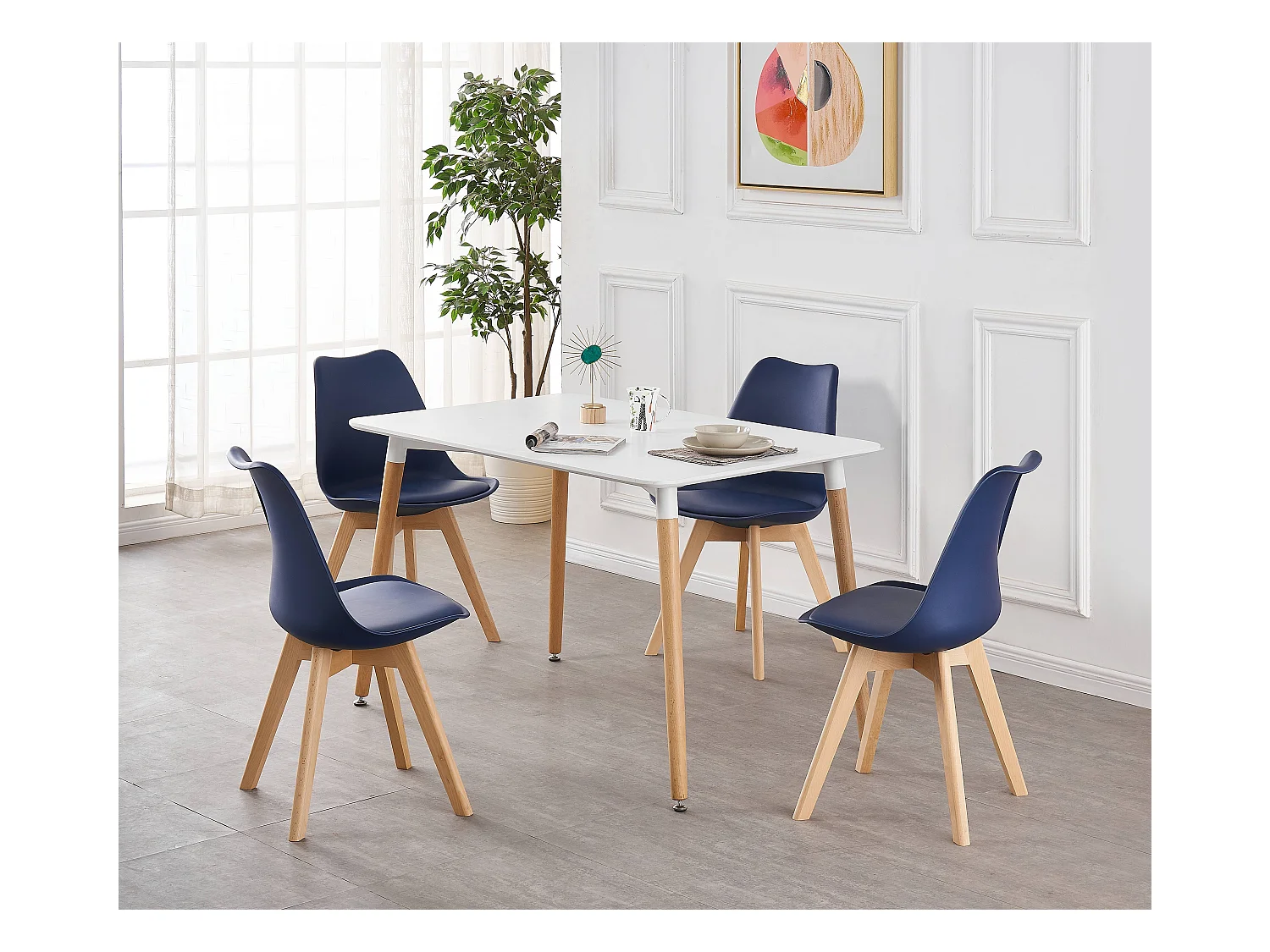 LORENZO HALO - Ensemble Salle à Manger Moderne - Table Blanche + 4 Chaises Bleues - Design Scandinave