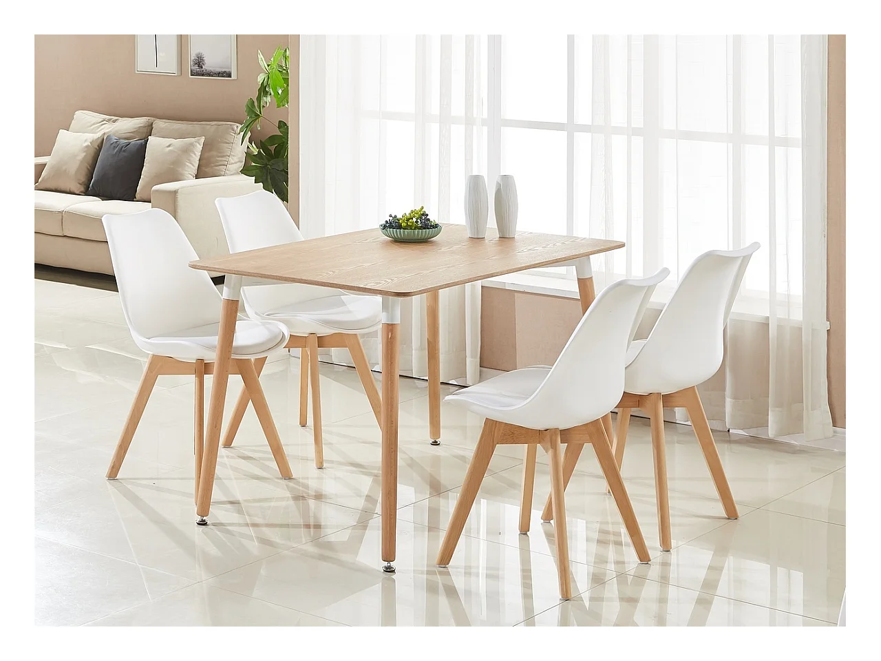 LORENZO HALO - Ensemble Salle à Manger Moderne - Table Effet Chêne + 4 Chaises Blanches - Design Scandinave