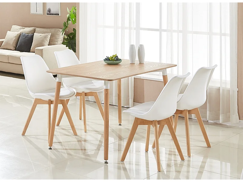LORENZO HALO - Ensemble Salle à Manger Moderne - Table Effet Chêne + 4 Chaises Blanches - Design Scandinave