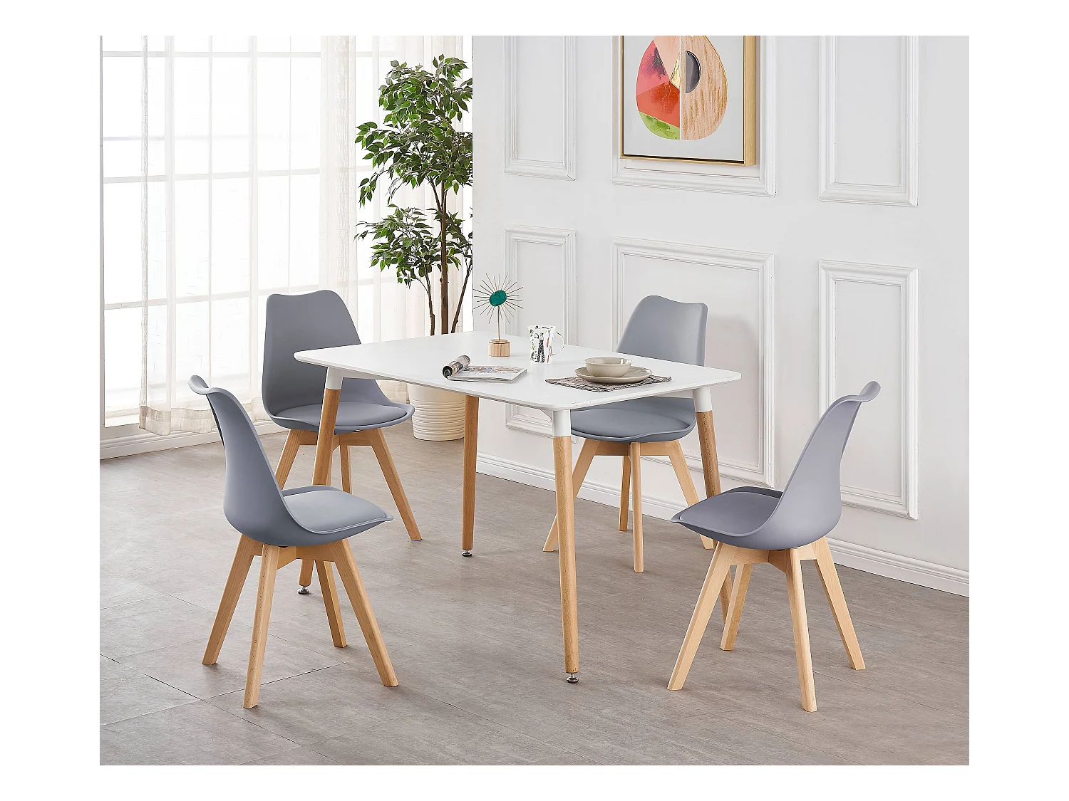 LORENZO HALO - Ensemble Salle à Manger Moderne - Table Blanche + 4 Chaises Grises - Design Scandinave