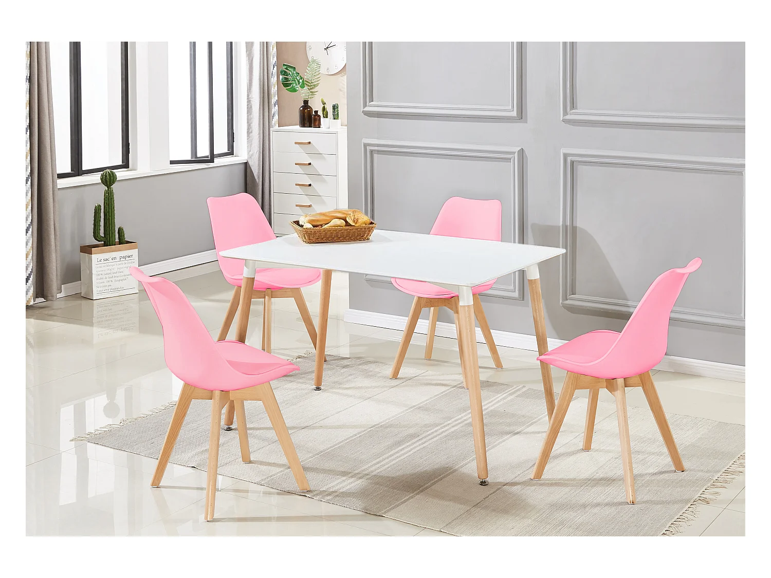 LORENZO HALO - Ensemble Salle à Manger Moderne - Table Blanche + 4 Chaises Roses - Design Scandinave